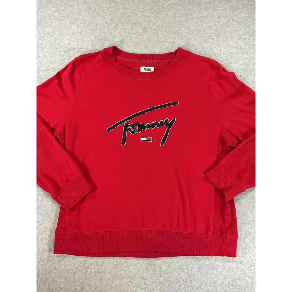 Tommy Jeans Womens Red Script Logo Crewneck Sweatshirt Size L Flag Graphic 2852